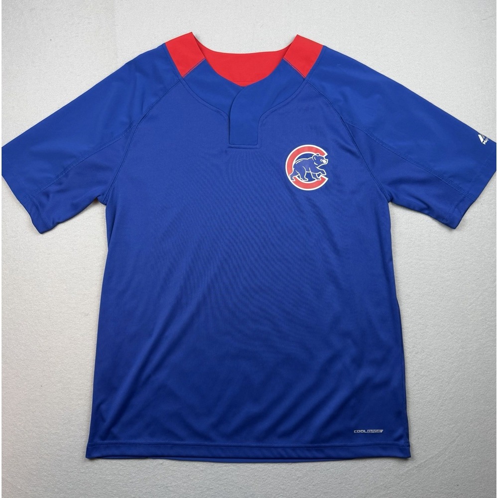 Majestic Cool Base Chicago Cubs Baseball MLB Shirt Mens Large Blue Red Snap